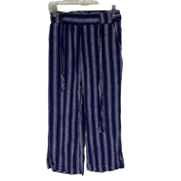 Indigo Rein Pants Women’s Blue White Linen Stripe Crop Wide Leg Boho Belted S - Picture 1 of 12